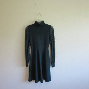 ELIZA J Dark Green Sheer Long Sleeves XS Turtleneck Pullover Fit & Flare Dress